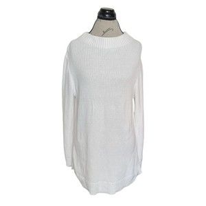 Loft Outlet Womens Ivory Sweater Ribbed Knit Long Crew Neck Side Slit Sz Large
